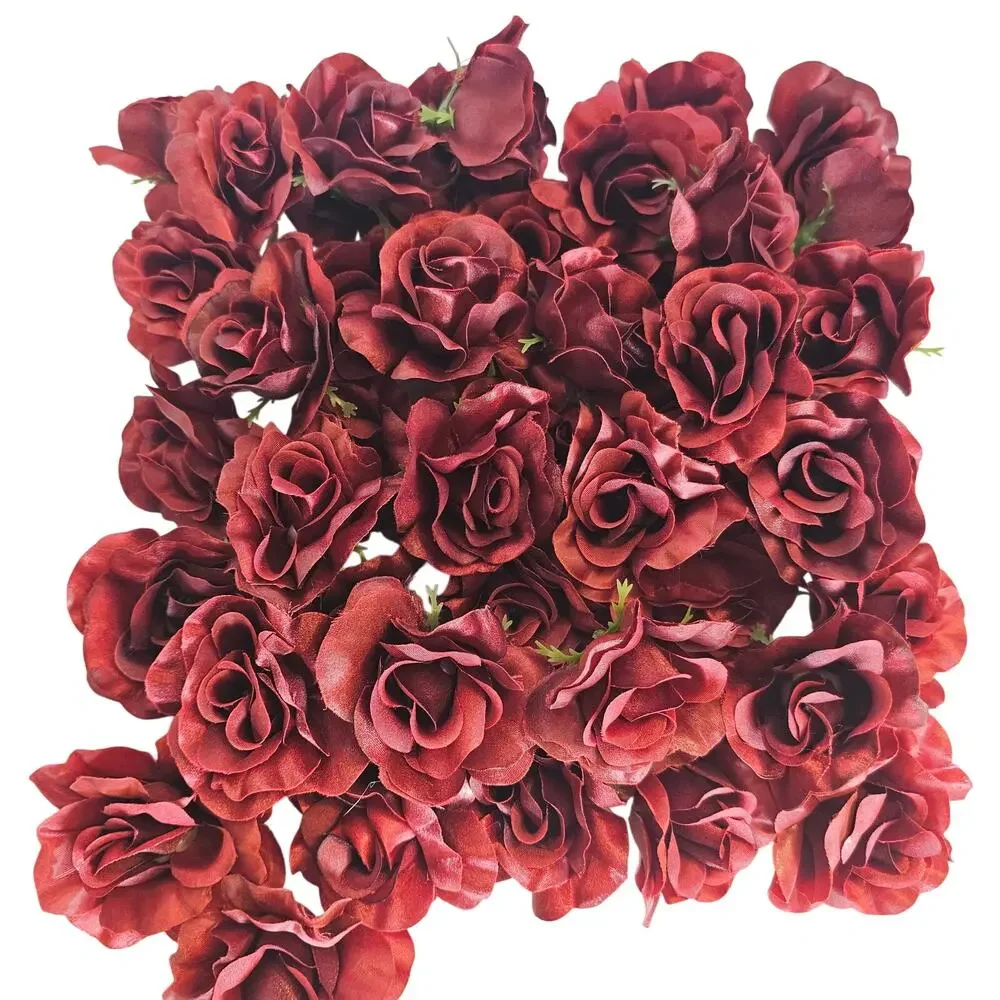 50 Burgundy Red Satin Rose Heads Stemless Wedding Floral Craft DIY 2.5in Flowers